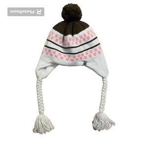 North Face Beanie with Pom Pom in Ivory & Pink / Girls One Size